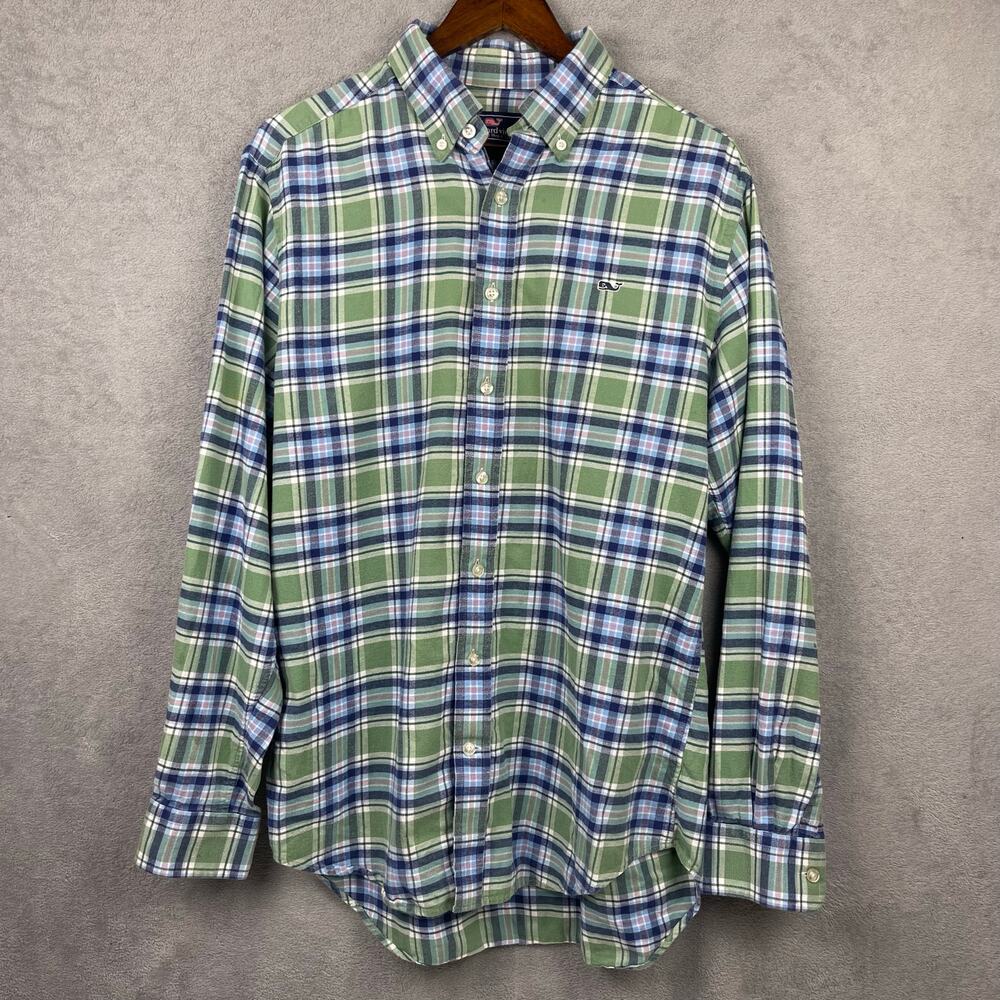 Vineyard Vines Mens Slim Fit Whale Button Down Shirt SZ M Green Blue Plaid